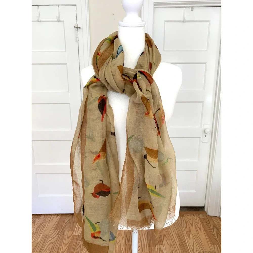 Nobia Songbird Print Scarf Tan Multi Colorful Bird Lightweight Wrap 40x72 fringe